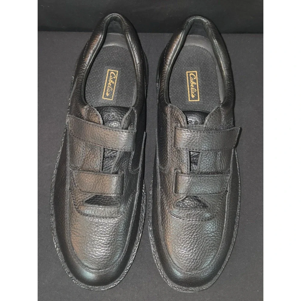 Cabelas Mens Black Leather Vibram Sole Hook and Loop Shoes Size 12‎ EEE